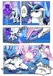 Size: 2480x3507 | Tagged: safe, artist:dormin-dim, princess flurry heart, shining armor, alicorn, pony, unicorn, comic:chaotic wings, g4, child, comic, crystal empire, daughter, english, father, father and child, father and daughter, female, filly, foal, glowing, glowing horn, high res, horn, jar, magic, male, older, older flurry heart, spread wings, stallion, telekinesis, vase, wings