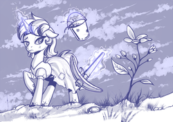 Size: 1131x800 | Tagged: safe, artist:stasysolitude, pony, unicorn, female, goldie o'gilt, mare, monochrome, pickaxe, ponified, rags, solo, the life and times of scrooge mcduck