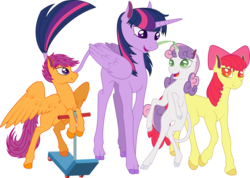 Size: 2555x1824 | Tagged: safe, artist:iamadinosaurrarrr, apple bloom, scootaloo, sweetie belle, twilight sparkle, alicorn, classical unicorn, earth pony, pegasus, pony, unicorn, g4, adorabloom, apple bloom's bow, bipedal, bow, cloven hooves, cute, cutealoo, cutie mark crusaders, diasweetes, female, hair bow, horn, leonine tail, mare, scooter, simple background, transparent background, twilight sparkle (alicorn), unshorn fetlocks, vector