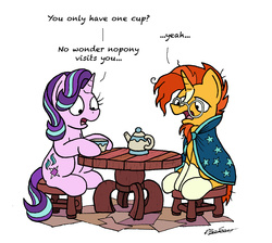 Size: 1843x1649 | Tagged: safe, artist:bobthedalek, starlight glimmer, sunburst, pony, unicorn, g4, the crystalling, backwards cutie mark, clothes, cup, duo, female, food, glasses, male, mare, messy mane, robe, simple background, stallion, stool, sunburst's cloak, sunburst's glasses, table, tea, teacup, teapot, white background