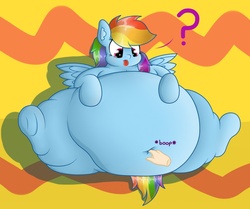 Size: 1280x1069 | Tagged: safe, artist:dullpoint, rainbow dash, pegasus, pony, g4, belly, belly button, boop, fat, huge belly, morbidly obese, navel fetish, navel fingering, navel play, obese, question mark, rainblob dash, tongue out