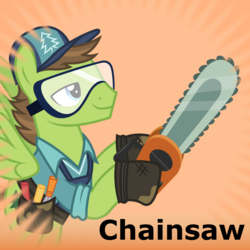 Size: 1024x1024 | Tagged: safe, douglas spruce, evergreen, pegasus, pony, derpibooru, chainsaw, goggles, hat, hoof hold, male, meta, official spoiler image, solo, spoilered image joke, stallion