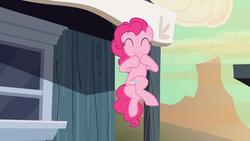 Size: 1366x768 | Tagged: safe, screencap, pinkie pie, g4, the last roundup, ^^, crossed legs, desperation, eyes closed, female, in which pinkie pie forgets how to gravity, need to pee, omorashi, pinkie being pinkie, pinkie physics, potty dance, potty emergency, potty time, smiling, solo, trotting in place