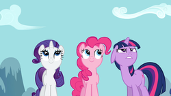 Size: 1366x768 | Tagged: safe, screencap, pinkie pie, rarity, twilight sparkle, earth pony, pony, unicorn, g4, read it and weep, looking up, trio, unicorn twilight