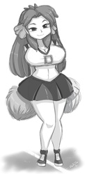 Size: 1230x2466 | Tagged: safe, artist:shonuff44, spike, human, g4, barb, belly button, big breasts, bimbo, bimbo barb, breasts, busty barb, cheerleader, cleavage, female, grayscale, humanized, midriff, monochrome, rule 63, solo