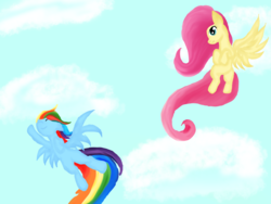 Size: 2540x1905 | Tagged: safe, artist:silversthreads, fluttershy, rainbow dash, pegasus, pony, g4, cloud, female, flying, mare, sky