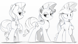 Size: 2000x1125 | Tagged: safe, artist:ncmares, rarity, pony, unicorn, g4, bedroom eyes, butt, disgusted, featureless crotch, female, grayscale, looking at you, mare, monochrome, open mouth, plot, sketch, smiling