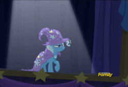 Size: 705x482 | Tagged: safe, edit, edited screencap, screencap, trixie, pony, unicorn, g4, no second prances, alcohol, animated, balancing, caption, clothes, discovery family logo, drunk, faint, female, get, gif, image macro, impact font, index get, mare, meme, no you, solo, stage, the paint and growerful triskie, torn clothes, trixie's cape, trixie's hat