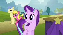 Size: 1280x720 | Tagged: safe, screencap, cherry berry, goldengrape, sir colton vines iii, starlight glimmer, g4, my little pony: friendship is magic, no second prances, cute, grin, smiling, squee