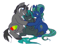 Size: 800x639 | Tagged: safe, artist:pixel-prism, oc, oc:ambrosia sublime, oc:midnight snack, oc:sleight, changeling, pony, unicorn, chubby, family, fat, female, love, male, mare, neighvada nights, stallion