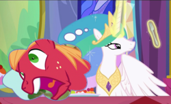 Size: 617x378 | Tagged: safe, big macintosh, princess celestia, earth pony, pony, g4, celestimac, exploitable meme, female, fork, forklestia, frown, levitation, lidded eyes, magic, male, meme, open mouth, screaming, shipping, stallion, straight, telekinesis, thought bubble, tongue out, wat, wide eyes