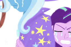 Size: 1024x682 | Tagged: safe, artist:konfettimayhem, starlight glimmer, trixie, human, g4, no second prances, crying, feels, hug, humanized, implied lesbian, implied shipping, sad, simple background, white background