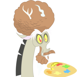 Size: 1000x1000 | Tagged: safe, artist:joey, discord, derpibooru, g4, what about discord?, afro, badge, beard, bob ross, bust, derpibooru badge, facial hair, male, meta, moustache, palette, portrait, simple background, solo, transparent background