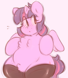 Size: 447x512 | Tagged: safe, artist:toroitimu, twilight sparkle, alicorn, pony, g4, chest fluff, chubby, clothes, female, mare, pubic fluff, solo, stockings, twilight sparkle (alicorn), wide hips