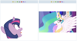 Size: 514x274 | Tagged: safe, artist:ethaes, screencap, princess celestia, twilight sparkle, pony, derpibooru, g4, no second prances, the crystal empire, female, juxtaposition, mare, meta, open mouth, simple background, tongue out, varying degrees of want, vector