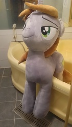 Size: 1152x2048 | Tagged: artist needed, safe, oc, oc only, oc:littlepip, pony, unicorn, fallout equestria, bathroom, explicit source, fanfic, female, hooves, horn, irl, lidded eyes, mare, photo, plushie, solo, toy
