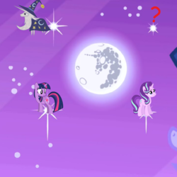Size: 2048x2048 | Tagged: safe, edit, edited screencap, screencap, star swirl the bearded, starlight glimmer, twilight sparkle, the stars will aid in her escape, friendship is magic, g4, catasterism, high res, mare in the moon, moon, night sky, photoshop, prediction, stars, theory, time travel