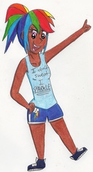 Size: 1303x2387 | Tagged: safe, artist:misseljebel, rainbow dash, human, g4, armpits, arms in the air, clothes, dark skin, hands in the air, human coloration, humanized, legs, pointing, shorts, sleeveless, tank top, traditional art