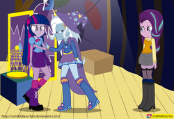 Size: 2939x2011 | Tagged: safe, artist:conikiblasu-fan, starlight glimmer, trixie, twilight sparkle, equestria girls, g4, no second prances, boots, cape, clothes, counterparts, equestria girls interpretation, equestria girls-ified, hat, high heel boots, high res, leg warmers, magical trio, microskirt, miniskirt, pleated skirt, scene interpretation, shirt, shoes, skirt, stockings, thigh highs, thigh socks, twilight's counterparts, wizard hat