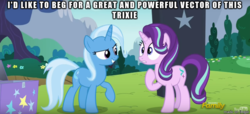 Size: 610x279 | Tagged: safe, screencap, starlight glimmer, trixie, pony, unicorn, g4, no second prances, begging, discovery family logo, female, mare, meme, request