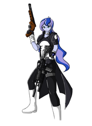 Size: 1280x1761 | Tagged: safe, artist:mamorukusanagi, princess luna, vice principal luna, equestria girls, g4, assault rifle, boots, clothes, crossover, female, gun, jacket, m203, m4 carbine, punisher, rifle, shotgun, simple background, solo, weapon