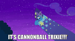 Size: 1247x695 | Tagged: safe, screencap, trixie, pony, unicorn, g4, no second prances, cannon, cannonball, cannonball trixie, discovery family logo, female, mare, meme, moonshot manticore mouth dive, old man jenkins, spongebob squarepants, the sponge who could fly, trixie's cannon