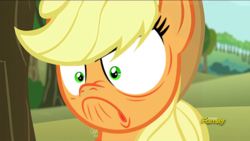 Size: 640x360 | Tagged: safe, edit, edited screencap, screencap, applejack, g4, no second prances, tanks for the memories, angry, discovery family logo, do i look angry, face swap, faic, female, solo, unamused