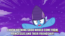 Size: 1253x697 | Tagged: safe, screencap, trixie, pony, unicorn, g4, no second prances, alicorn drama, cannonball, cannonball trixie, dialogue, discovery family logo, drama, female, helmet, lies, mare, meme, moonshot manticore mouth dive, old man jenkins, quote, spongebob squarepants, text, the sponge who could fly