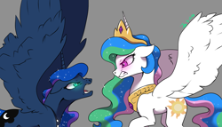 Size: 1400x798 | Tagged: safe, artist:joan-grace, princess celestia, princess luna, alicorn, pony, g4, angry, argument, discussion, duo, female, glowing, glowing eyes, horn, mare, missing accessory, royal sisters, siblings, simple background, sisters, spread wings, story included, wings