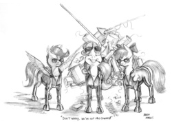 Size: 1300x951 | Tagged: safe, artist:baron engel, apple bloom, scootaloo, sweetie belle, earth pony, pegasus, pony, unicorn, g4, catsuit, clothes, cutie mark crusaders, deep six, explosives, fireworks, match, monochrome, pencil drawing, sneaking suit, story included, sunglasses, this will end in tears and/or death, traditional art