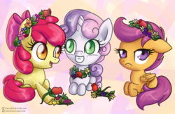 Size: 1024x663 | Tagged: safe, artist:linkslove, apple bloom, scootaloo, sweetie belle, earth pony, pegasus, pony, unicorn, g4, abstract background, adorabloom, apple bloom's bow, bow, cute, cutealoo, cutie mark crusaders, diasweetes, female, filly, floppy ears, floral head wreath, flower, flower in hair, foal, folded wings, frown, gritted teeth, hair bow, looking at each other, looking at someone, lying down, open mouth, ponyloaf, prone, redraw, rose, scootaloo is not amused, signature, smiling, teeth, unamused, wings