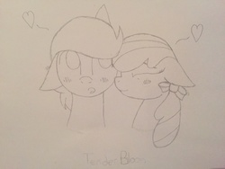 Size: 3264x2448 | Tagged: safe, artist:fandomtrashbeme, apple bloom, tender taps, g4, blushing, female, heart, high res, male, monochrome, older, shipping, straight, teenager, tenderbloom, traditional art