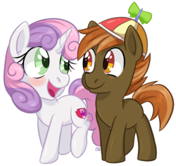 Size: 875x827 | Tagged: safe, artist:bloodorangepancakes, button mash, sweetie belle, g4, colt, cutie mark, exploitable meme, female, filly, foal, looking at each other, looking at someone, male, meme, open mouth, ship:sweetiemash, shipping, simple background, smiling, smiling at each other, straight, the cmc's cutie marks, transparent background