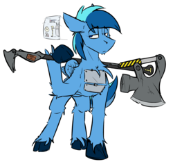 Size: 3031x2866 | Tagged: safe, artist:ralek, oc, oc only, oc:umami stale, pegasus, pony, augmentation, augmented, axe, cloven hooves, disinterested, high res, hologram, joule, solo