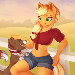 Size: 2000x2000 | Tagged: safe, artist:evehly, applejack, winona, earth pony, anthro, g4, abs, belly button, clothes, collar, cowboy hat, cowgirl, daisy dukes, denim shorts, duo, duo female, female, fence, field, front knot midriff, grass, green eyes, happy, hat, high res, leaning back, looking at each other, midriff, muscles, orange fur, shorts, smiling, tail, tongue out