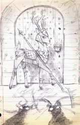 Size: 985x1553 | Tagged: safe, artist:wisdom-thumbs, blackthorn, deer, g4, armor, door, grayscale, lined paper, medieval, monochrome, spear, swordpony, traditional art, warrior, weapon
