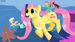 Size: 1280x720 | Tagged: safe, artist:jbond, fluttershy, hippocampus, merpony, pegasus, pony, seapony (g4), g4, dorsal fin, female, fins, fish tail, mare, ocean, pink mane, sea ponies, spread wings, swimming, tail, underwater, water, wings