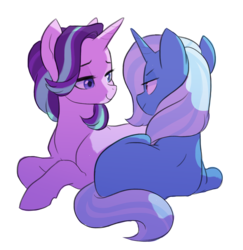 Size: 1766x1818 | Tagged: safe, artist:kianamai, starlight glimmer, trixie, pony, unicorn, g4, bedroom eyes, duo, eye contact, female, lesbian, looking at each other, mare, missing cutie mark, png, ship:startrix, shipping, simple background, transparent background