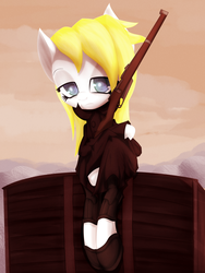 Size: 2880x3840 | Tagged: safe, artist:an-m, oc, oc only, oc:aryanne, earth pony, pony, bipedal, cloak, clothes, cloud, female, gun, high res, holding, mountain, rifle, shoes, sitting, solo, stagecoach, sundown, tired, travel, weapon