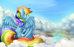Size: 5100x3300 | Tagged: safe, artist:grennadder, rainbow dash, pegasus, pony, g4, absurd resolution, big hooves, cloud, day, eyelashes, feathered wings, female, long tail, mare, mountain, on a cloud, outdoors, river, scenery, sitting, sky, smiling, solo, spread wings, tail, water, wings