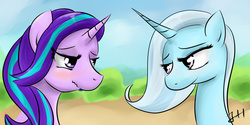 Size: 4000x2000 | Tagged: safe, artist:dashy21, starlight glimmer, trixie, pony, unicorn, g4, no second prances, blushing, female, high res, mare, wavy mouth