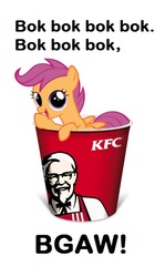 Size: 379x638 | Tagged: safe, scootaloo, chicken, g4, bucket, exploitable meme, kfc, meme, scootachicken