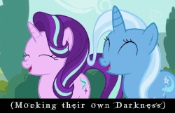 Size: 960x620 | Tagged: safe, edit, screencap, starlight glimmer, trixie, pony, unicorn, g4, no second prances, animated, caption, counterparts, duo, female, grin, laughing, laughingmares.jpg, looking at each other, mare, smiling, text, twilight's counterparts