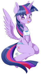 Size: 441x787 | Tagged: safe, artist:mococo, twilight sparkle, alicorn, pony, semi-anthro, g4, belly button, blushing, bra, bra on pony, butt wings, clothes, crop top bra, female, mare, midriff, panties, ribbon, simple background, solo, striped underwear, twilight sparkle (alicorn), underwear, white background, white underwear