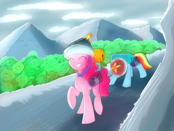 Size: 1024x768 | Tagged: safe, artist:dusthiel, pinkie pie, rainbow dash, g4, the lost treasure of griffonstone, hat, mongolian shepherd hat