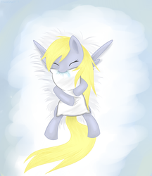 Size: 2590x3000 | Tagged: safe, artist:dusthiel, derpy hooves, pegasus, pony, g4, female, high res, hug, mare, pillow, pillow biting, pillow hug, sleeping, solo