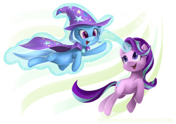 Size: 1080x762 | Tagged: safe, artist:imdrunkontea, starlight glimmer, trixie, pony, unicorn, g4, no second prances, brooch, cape, clothes, cute, duo, female, glowing, glowing horn, hat, horn, jewelry, levitation, magic, magic aura, mare, open mouth, open smile, simple background, smiling, telekinesis, trixie's brooch, trixie's cape, trixie's hat, white background