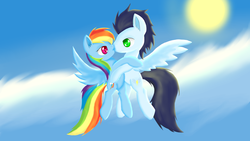 Size: 3072x1728 | Tagged: safe, artist:dusthiel, rainbow dash, soarin', pony, g4, cute, female, flying, kissing, male, old cutie mark, ship:soarindash, shipping, straight