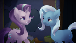 Size: 1600x900 | Tagged: dead source, safe, artist:honeyapplecake, starlight glimmer, trixie, pony, unicorn, g4, no second prances, counterparts, female, looking at each other, mare, smiling, twilight's counterparts