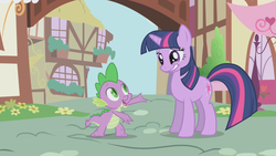 Size: 1280x720 | Tagged: safe, screencap, spike, twilight sparkle, pony, boast busters, g4, awkward, duo